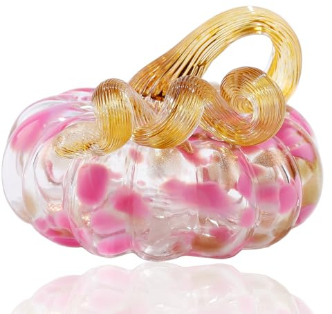 Glass Hand Blown Art Collectible Pumpkin Gifts for Friends, Fall Harvest Thanksgiving Halloween Art Light Pink Decoration for Home