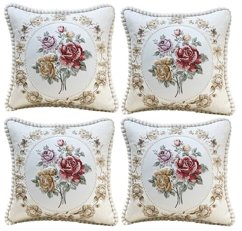 Set di 4 federe quadrate per cuscini con ricamo floreale, per divano, letto, poltrona