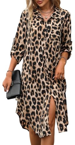 SweatyRocks Hemdblusenkleid Damen Langarm Knielang Elegantes Leoparden Kleid Blusenkleid Herbstkleid Langes Leo Kleid Tunikakleid Mit Tasche Leoparden XL