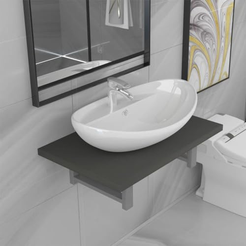 Qnhdfrt Set di mobili da bagno da parete, grigio con lavabo in ceramica, bianco, ovale, 60 x 40 cm, per bagno, bagno, lavanderia, trucco, design senza tempo
