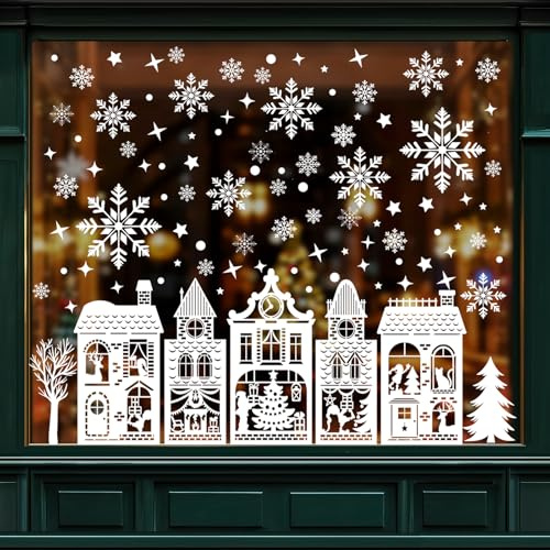 AVAKY Fensterbilder Weihnachten Groß Häuser, Fensterdeko Weihnachten Weiß, Weihnachts Fensterbilder Selbstklebend, 184 Fenstersticker Weihnachten Fensteraufkleber für Weihnachtsdeko Innen Fenster