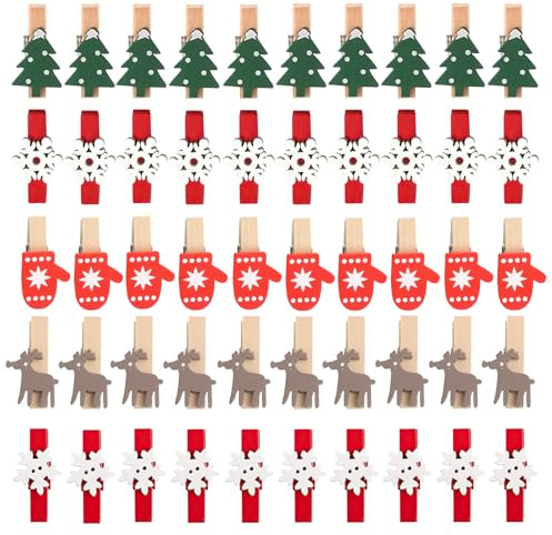 50 Stück Holzklammern Weihnachten, Mini Weihnachten Fotoklammern, Holzwäscheklammern, Wäscheklammern Kleine Holzklammern 3,5cm, Weihnachtsdeko für Fotowand Verpackung Gastgeschenk