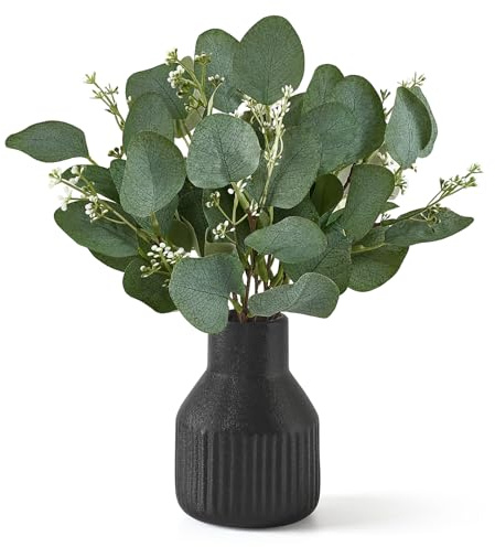 Dahey Artificial Eucalyptus Stems in Small Ceramic Vase Centerpiece Table Decorations Modern Farmhouse Decor Fake Eucalyptus Plants with Vase for Bathroom Kitchen Shelf Living Room Home Decor, Black