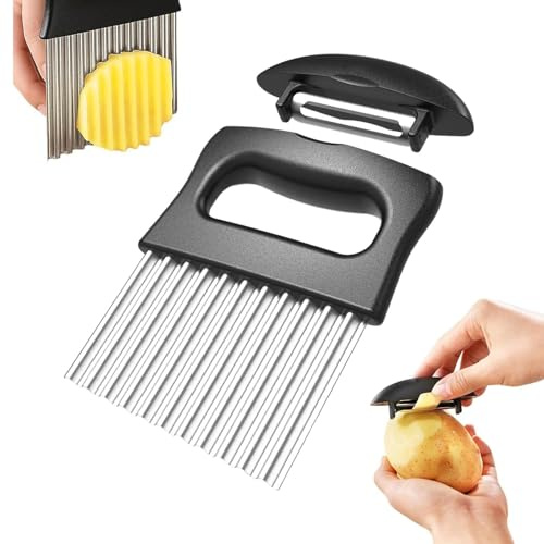 LIUZHUJ Corta Patatas 2 En 1, Acero Inoxidable Corrugado Cortador Papas, Cortador de Verduras con Cuchillo Pelador, Negro, para Cortar Verduras Y Frutas