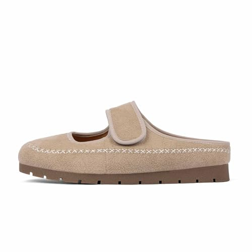 QIY Women's Mules & Clogs Slippers Khaki Suede Mary Jane Shoes Tan Camel Women Flats Slides Office Walking Shoes Dressy Casual Business Size 6.5