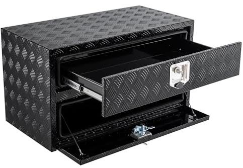 24 in Aluminum Truck Tool Box w/Drawer, Two-Tier Organizer Design for Truck Bed Tools, Secure with Lock & Keys, Waterproof Underbody Toolbox for Pickup, Truck Bed, RV, Trailer, 24 in x 18 in x 20 in