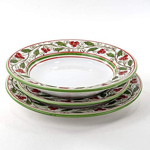 Set di 3 piatti posto tavola singolo natalizio per servizio di piatti in ceramica di Caltagirone, agrifoglio