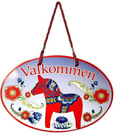 ScandinavianGiftOutlet Keramik-Türschild, Bauernhaus-Dekoration, Badezimmer-Wanddekoration, Welcome Friends, 27,9 x 20,3 cm, skandinavisches blaues Dala-Pferd-Kunstwerk, Einweihungsgeschenk