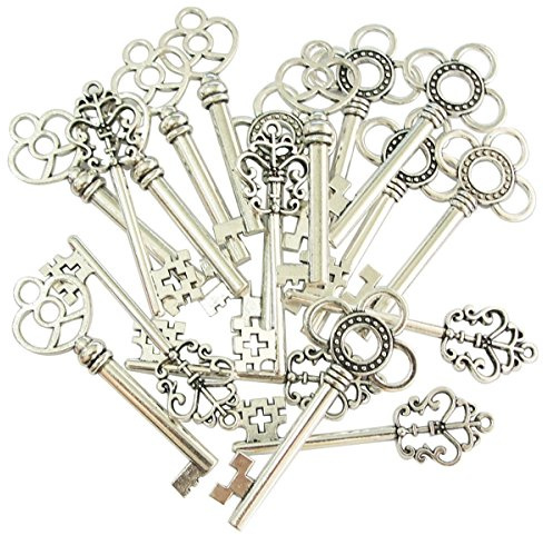30 Stück Retro Bronze Schlüssel Anhänger Schmuck Steam Punk Deko Für Halskette Kette (Silber)