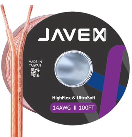 JAVEX Fil de haut-parleur de calibre 14 [2x2,11 mm2] [Cuivre sans oxygène 99,9%] Cuivre toronné, Câble plat, Câble pour systèmes Hi-Fi, Amplificateurs 100FT [30,5m]