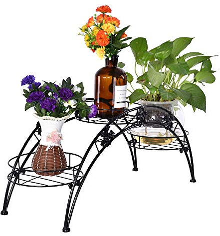 lyrlody Scala Portavasi in Ferro, Espositore Supporto per Fiori, Scaffale Porta-Fiori da Interno ed Esterno, Nero, 68x26x32cm