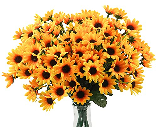 Uieke 6 Bundles Sunflowers Artificial Flowers Daisy Mums Fake Flowers Outdoor UV Resistant No Fade Fall Flowers 24 Stems Greenery Shrubs Indoor Outside Home Wedding Office DIY Garden Décor (Yellow)