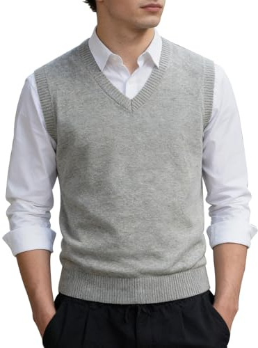 MANBOZIXi Pulls sans Manches pour Hommes Gilets Tricotés à Col en V, Gris Clair 2XL