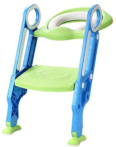 Toilettensitz Kinder mit Treppe Faltbar Töpfchentrainer Höhenverstellbar WC Trainer mit PU Gepolstert Kissen und Griffen Töpfchen für Kinder von 1-7 Jahren Kleinkinder