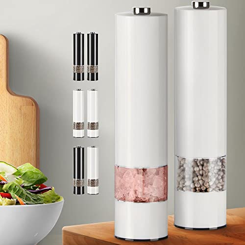 Molinillo Eléctrico para Sal Y 2PCS Pepper Grinder Tosquedad Ajustable Juego de molinillo de sal y Molinillos de pimienta Con luz LED Molinillos de Sal y Pimienta Operación con una mano (Blanco)