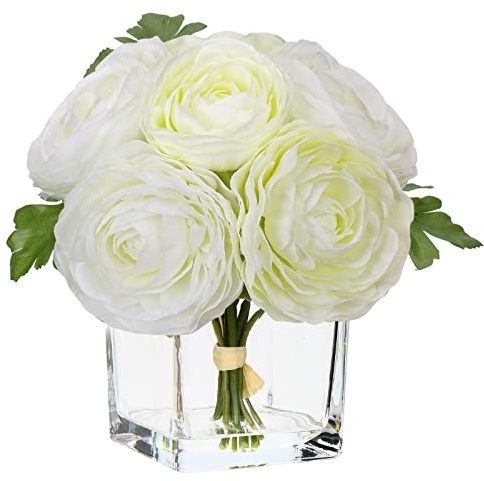 Briful Fleurs de camélia artificielles avec vase en verre – Grandes fleurs artificielles crème avec de l'eau artificielle – Plantes artificielles pour la maison, le bureau, la salle de bain