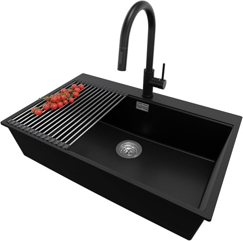 PRIMAGRAN Fregadero Granito Negro 78x50cm, Cocina 1 Seno + Grifo 40x20cm + Sifón + Enrollable Escurridor, Sobre encimera al mueble 80cm - Oslo S347