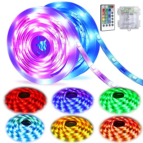 CCILAND Tira de luces LED RGB alimentadas por pilas, paquete de 2 unidades, 6.5 pies, 60 LED, 16 luces que cambian de color con temporizador, regulables, 8 modos, luces LED para dormitorio, exterior