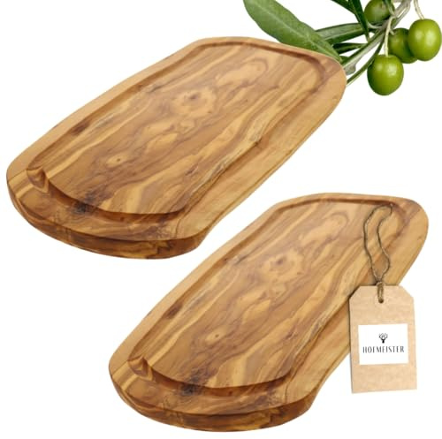 2x HOFMEISTER® Olivenholz Schneidebrett mit Saftrille, 30 x 20 x 1,5 cm – klingenschonendes Holzbrett, hält die Arbeitsfläche sauber – jedes Stück ein Unikat, in Handarbeit gefertigt