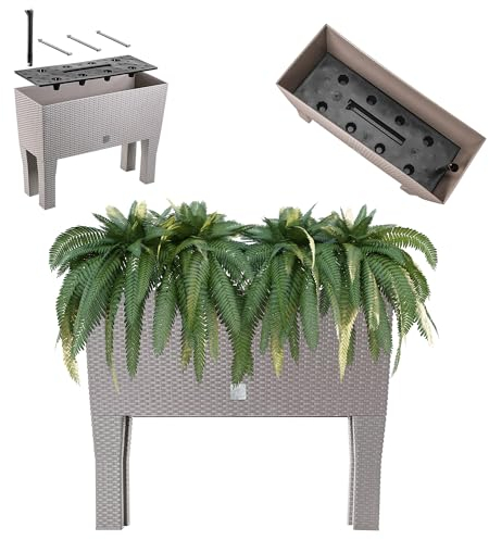 KADAX Blumentopf auf Beinen, Hochbeet aus Kunststoff in 2 Größen, Pflanzkasten in Rattanmotiv, Blumenkasten für Garten, Balkon, Terrasse, Pflanztrog, Kräuterbeet (80cm / beige)