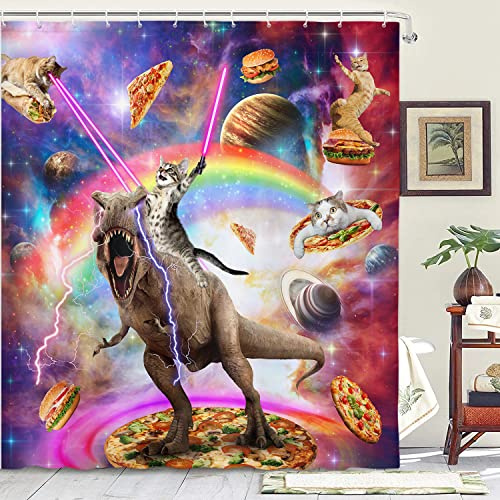 Xguatan Lustiger Katzen-Duschvorhang, cooler reitender Dinosaurier in Fantasie-Galaxie, Weltraum-Motiv, niedlich, lustig, Anime-Stoff, für Jungen und Mädchen, Vorhang für Badezimmer mit 12 Haken, 91 x