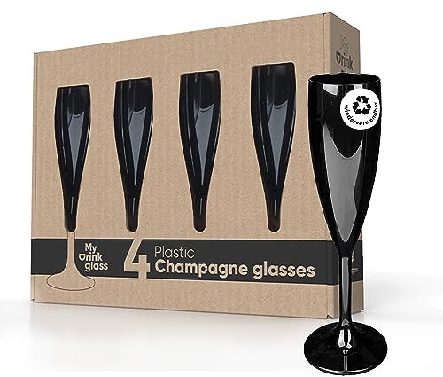 MyDrinkglass Coupe Champagne Plastique Givet 190 ml - Flute Champagne 4 Pieces - Verre Plastique Reutilisable Set - 4 Verre Camping Incassables - Noir