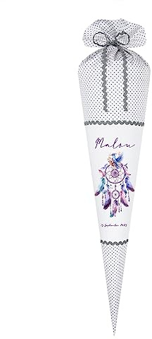 Manufaktur Liebevoll - Traumfänger Schultüte aus Stoff zur Einschulung | Zuckertüte mit Namen u. Datum | Boho Einschulungstüte | Handgenähte Stoffschultüte als Geschenkidee zum Schulanfang für Mädchen