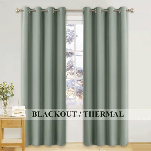 PONY DANCE Sage Green Curtains for Living Room 2 Pieces 90 Inch Drop - Blackout Curtains Eyelet Large Door Thermal Insulated Panels for Bedroom Office Sliding Glass Door, 66 x 90 Inches