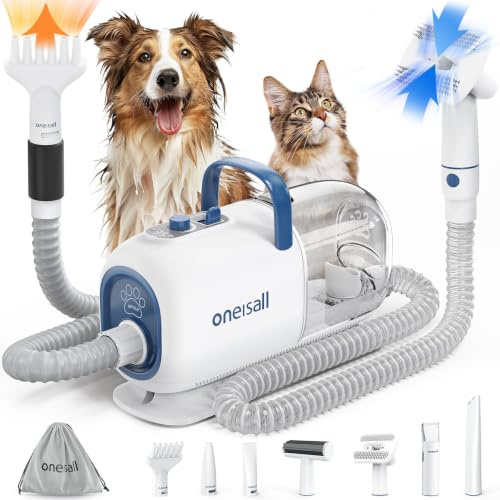 oneisall Dog Grooming Vacuum Blow Dryer and Dog Clippers for Grooming | 8 in 1 Dog Grooming Kit with Metal Blade ,Dog Hair Dryer Fast Drying,Adjustable Speed and 7 LevelsTemperature Control