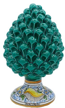 Pomme de pin en céramique Sicilienne de Caltagirone, h Environ 20/22 cm. (1pc) Couleur Vert-de-Gris par Immersion avec Tige de
