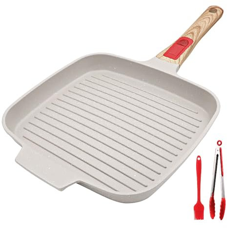 RANX INGST Poêle Grill avec Poignée Amovible, 24 cm Poêle à Griller en Aluminium Antiadhésive Compatible Tous feux dont Induction - Blanc