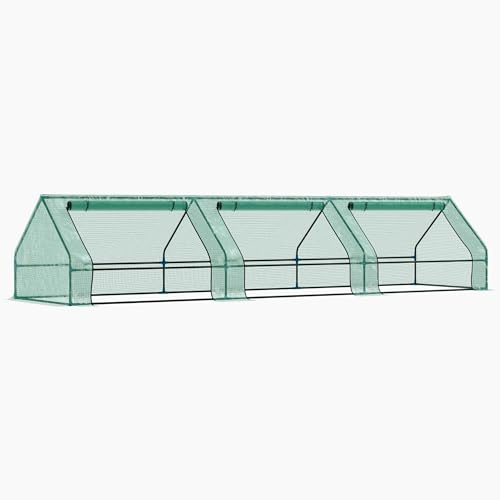 Mini Serra per Piante da Giardino 400x100x80 cm in Acciaio e PE Impermeabile, con 3 Ingressi Avvolgibili e Cerniera, Serra Orto Esterno per Fiori e Ortaggi, Verde