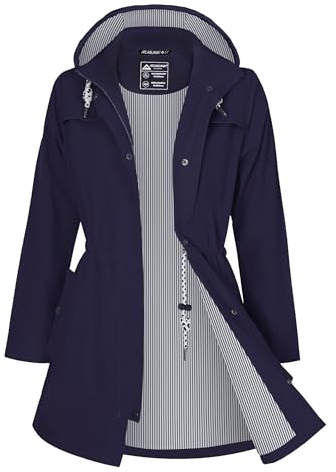 ATLASLAVA Regenjacke Damen Lang Wasserdicht Kapuze Regenmantel übergangsjacke Trenchcoat Outdoor Mantel Navy Blau L