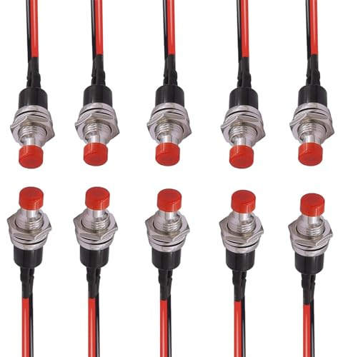 Oiyagai Pack de 10 Mini Interruptores Pulsadores Momentáneos Rojos, 1A 250V AC, 2 Pines SPST NC, con Cable de 20cm PBS-110, Normalmente Cerrado