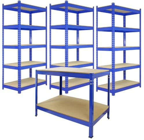 3 x 90cm Q-Rax Blue Metal Racking Units 5 Tier Starage Bay, Workbench with FREE Rubber Mallet