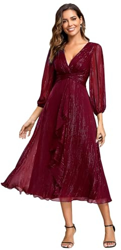 Ever-Pretty Women's Glitter A Line V Neck Pleated Long Sleeve Evening Dress Burgundy 16UK