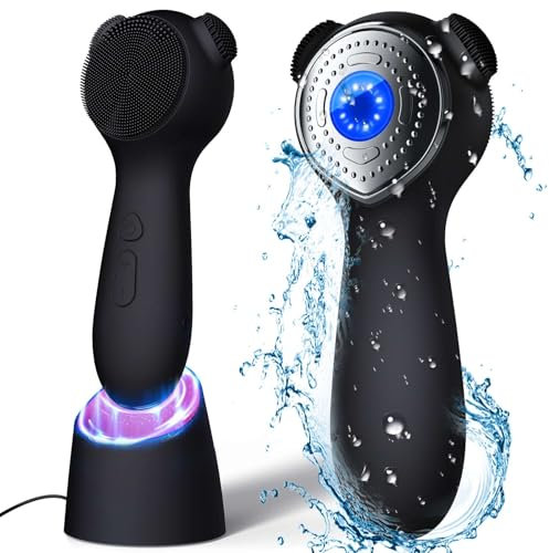 Silicone Face Scrubber Exfoliator Electric for Men Women, Rechargeable Facial Cleansing Brush with Wireless Charging Dock, Waterproof Sonic Vibrating Face Scrub Brush Cleanser for Exfoliating, Black