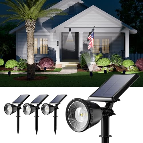 4 Pack Solar Powered Spotlights Outdoor Waterproof for Tree, Flag, House, Ground Landscape Bright Sunset Spot Lights for Outside Yard, Garden, Lawn, Driveway with Adjustable Lamp & Panel, Cool White