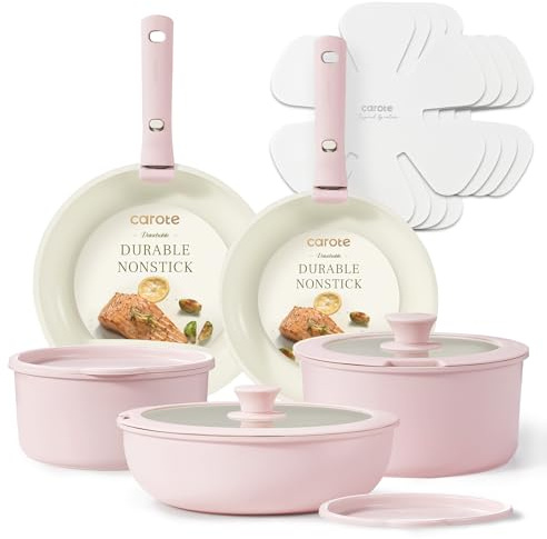 CAROTE Pots and Pans Set, Nonstick Cookware Sets Detachable Handle, 15pcs Induction Kitchen Cookware Set Non Stick with Removable Handle, Oven Safe, RV Cookware Set, Pink Granite