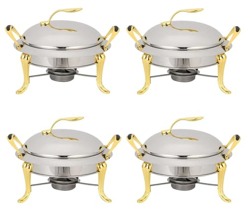 Chafing Dish Set, Stainless Steel Round Buffet Server with Pans, Lid and Fuel Holders, for Catering Party Wedding Dinner Food Warmer(Color:Gold,Size:4 Pack)