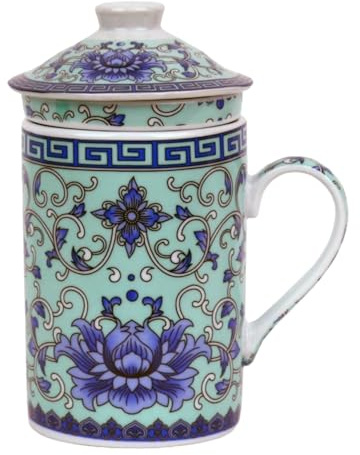 Taza de té de cerámica con tapa + colador para té suelto con motivo asiático (lirio de agua púrpura, 507) Taza china japonesa para los amantes del té, porcelana café regalo set Asia taza