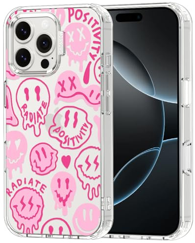 MOSNOVO Hülle für iPhone 16 Pro Max – Durchsichtige, schlanke, stoßfeste TPU+PC-Handyhülle, [6,6 Fuß Fallschutz/Anti-Abziehen] - Rosa tropfendes Lächel-Gesicht mit positiver Ausstrahlung
