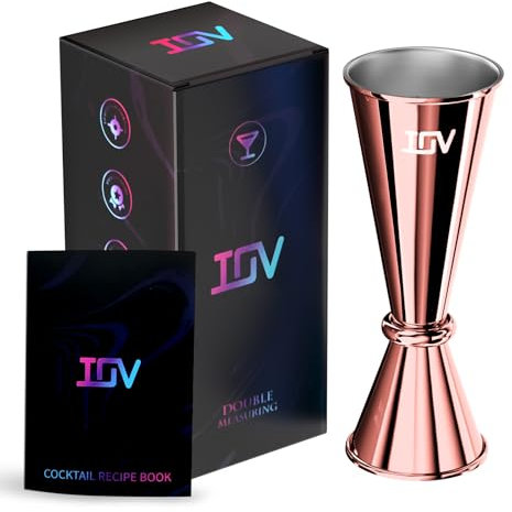 IOV Jigger for Bartending, Professional Double Cocktail Jigger with Recipes Booklet, Japanese Premium 18/8 stainless steel jigger 2 oz 1 oz with Dimensions Inside Measuring Cocktails Jigger-Rose Gold