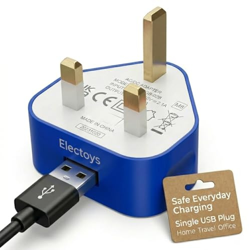 Electoys USB Type A Charger - Blue, 5V 1A, UK 3 Pin Plug, Compatible with iPhone, Samsung, Redmi, Huawei, HTC, LG