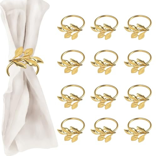 DIYJEP 12 Anelli Portatovaglioli, Portatovaglioli con Fibbia a Forma di foglia, Rotonda Porta Tovaglioli da Tavola Anelli in Metallo per Banchetti di Matrimonio, Natale, Decorazione da Tavolo (Oro)