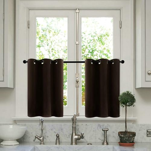 Beydodo Kurze Vorhänge Fenster 86x61CM, Küchengardinen mit Ösen Modern Uni Blickdichte Vorhänge Dunkelbraun Scheibengardinen Bistrogardinen 2er Set