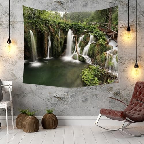 KnSam Tapisserie Wandbehang, Wald Dschungel Wasserfälle Wandteppich Landschaft Natur Wandtuch Polyester Wandtücher für Wohnzimmer, Wohndekor, Grün, 150x130cm
