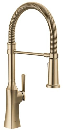 Delta Ermelo Pro Style Commercial Kitchen Faucet with Pull Down Sprayer, Single Hole Brushed Gold Kitchen Sink Faucet, Single Handle, Champagne Bronze 18887-CZ-DST