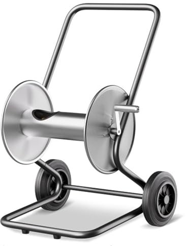 Carrello avvolgitubo da giardino in metallo resistente, con ruote, supporto per tubo dell'acqua da esterno e organizer per piantare il cortile