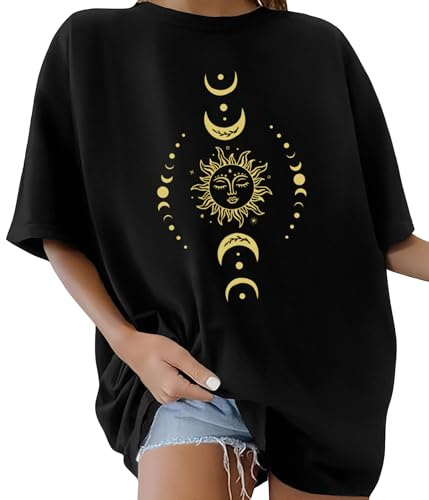 Lonya Women's T-Shirts Oversized Tops for Women Y2k Sun and Moon Graphic Tee Round Neck Bohemia Vintage Ladies Short Sleeve Retro Summer Casual Baggy Cotton Tee Tops, H-Black, M